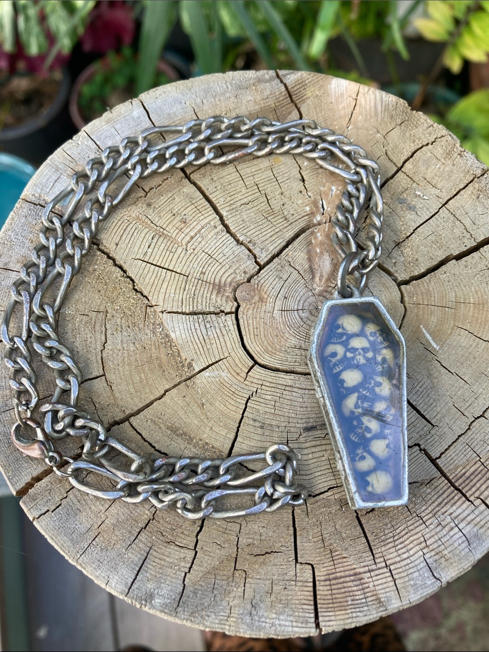 Coffin Pendant Chain Necklace with Ivory colored Skull Inlay